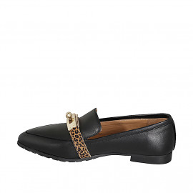 Woman's pointed-toe loafer in black and spotted leather and gold-tone accessory heel 1 - Available sizes:  33, 34, 42, 43, 44, 45, 46 2