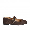 Woman's round-toe Mary Jane ballerina flats in dark brown suede heel 1 - Available sizes:  33, 34, 42, 43, 44, 45, 46