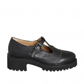 Woman's closed shoe with a T-strap and studs in black leather heel 5 - Available sizes:  32, 33, 34, 42, 43, 44, 45, 46