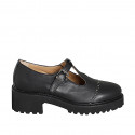Woman's closed shoe with a T-strap and studs in black leather heel 5 - Available sizes:  32, 33, 34, 42, 43, 44, 45, 46