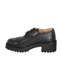 Zapato Derby de cordones para mujer en piel negra, con detalles brogue tacon 5 - Tallas disponibles:  32, 33, 34, 42, 43, 44, 45, 46