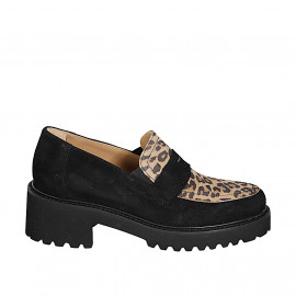 Mocassino da donna in camoscio nero e stampa maculato tacco 5 - Misure disponibili: 32, 33, 34, 42, 43, 44, 45, 46