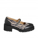 Zapato de salón Mary Jane para mujer con puntera de ala en piel negra y gamuza estampada tacon 5 - Tallas disponibles:  34, 42, 43, 44, 45, 46