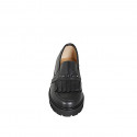 Woman's loafer in black leather with fringes, studs, side elastic inserts heel 5 - Available sizes:  33, 34, 42, 43, 44, 45, 46
