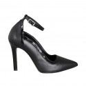 Zapatos de salón para mujer con punta y pulsera al tobillo en piel negra y detalles en charol negro tacon 9 - Tallas disponibles:  32, 33, 34, 35, 42, 43, 44, 45