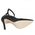 Woman's pointed-toe pump with ankle strap in black leather with black patent leather inserts heel 9 - Available sizes:  32, 33, 34, 35, 42, 43, 44, 45
