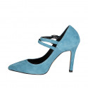 Zapatos de salón Mary Jane para mujer con punta y tiras en piel azul claro tacon 9 - Tallas disponibles:  32, 33, 34, 35, 42, 43, 44, 45