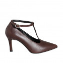 Zapatos de salón para mujer con punta y tira en T en piel marrón oscuro tacon 7 - Tallas disponibles:  31, 32, 33, 34, 35, 42, 43, 44, 45