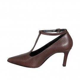 Escarpin pour femmes à bout pointu avec bride en T en cuir marron foncé talon 7 - Pointures disponibles:  31, 32, 33, 34, 35, 42, 43, 44 2