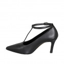 Décolleté a punta da donna con cinturino a T in pelle nera tacco 7 - Misure disponibili: 31, 32, 33, 34, 35, 42, 43, 44, 45