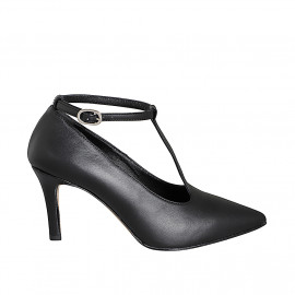 Woman's pointed-toe pump with T-strap in black leather heel 7 - Available sizes:  31, 32, 33, 34, 35, 42, 43, 44, 45