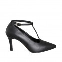 Zapatos de salón para mujer con punta y tira en T en piel negra tacon 7 - Tallas disponibles:  31, 32, 33, 34, 35, 42, 43, 44, 45