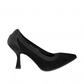 Zapatos de salón para mujer con punta y perfiles elásticos negros en gamuza y piel negra tacon 7 - Tallas disponibles:  31, 32, 33, 34, 35, 42, 43, 44, 45