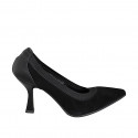 Zapatos de salón para mujer con punta y perfiles elásticos negros en gamuza y piel negra tacon 7 - Tallas disponibles:  31, 32, 33, 34, 35, 42, 43, 44, 45