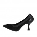 Zapatos de salón para mujer con punta y perfiles elásticos negros en gamuza y piel negra tacon 7 - Tallas disponibles:  31, 32, 33, 34, 35, 42, 43, 44, 45