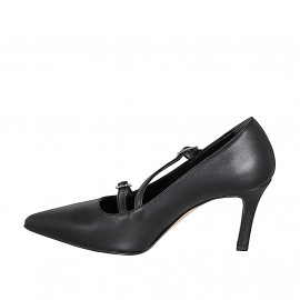 Décolleté a punta Mary Jane da donna con cinturini in pelle nera tacco 7 - Misure disponibili: 32, 33, 34, 35, 42, 43, 44 2