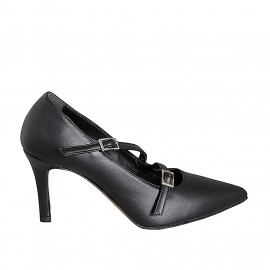 Woman's pointed-toe Mary Jane pump with straps in black leather heel 7 - Available sizes:  32, 33, 34, 35, 42, 43, 44, 45