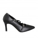 Zapatos de salón Mary Jane para mujer con punta y tiras en piel negra tacon 7 - Tallas disponibles:  32, 33, 34, 35, 42, 43, 44, 45