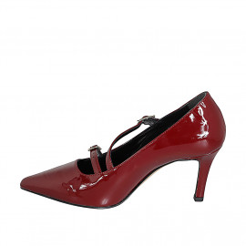 Woman's pointed-toe Mary Jane pump with straps in maroon patent leather heel 7 - Available sizes:  32, 33, 34, 42, 43, 44, 45 2