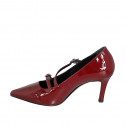 Woman's pointed-toe Mary Jane pump with straps in maroon patent leather heel 7 - Available sizes:  32, 33, 34, 42, 43, 44, 45
