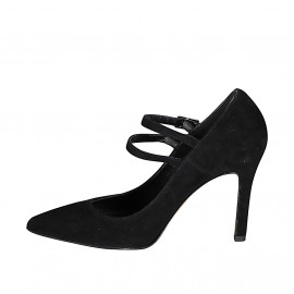 Décolleté a punta Mary Jane da donna con cinturini in camoscio nero tacco 9 - Misure disponibili: 32, 33, 34, 35, 42, 43, 44, 45 2