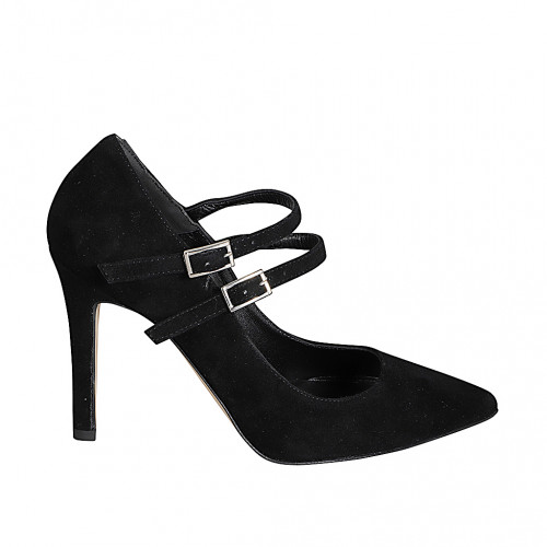 Zapatos de salón Mary Jane para mujer con punta y tiras en piel negra tacon 9 - Tallas disponibles:  32, 33, 34, 35, 42, 43, 44, 45