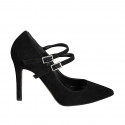 Zapatos de salón Mary Jane para mujer con punta y tiras en piel negra tacon 9 - Tallas disponibles:  32, 33, 34, 35, 42, 43, 44, 45