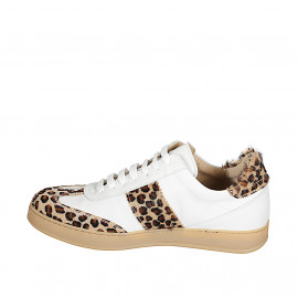 Woman's low lace-up sneakers in spotted fur detail and white leather with removable insole and wedge 3 - Available sizes:  42, 43, 44, 45, 46 2