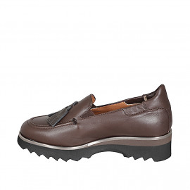 Woman's loafer in dark brown leather with tassel wedge 3 - Available sizes:  32, 33, 34 2