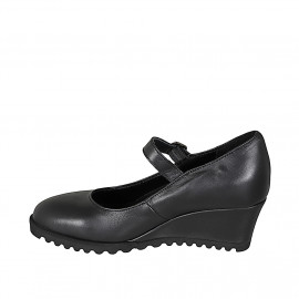 Escarpin Mary Jane pour femmes avec courroie et semelle amovible en cuir noir talon compensé 6 - Pointures disponibles:  32, 33, 34, 35, 43 2