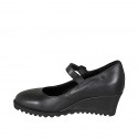 Woman's Mary Jane pump with strap and removable insole in black leather wedge 6 - Available sizes:  32, 33, 34, 35
