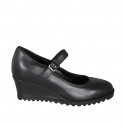 Woman's Mary Jane pump with strap and removable insole in black leather wedge 6 - Available sizes:  32, 33, 34, 35