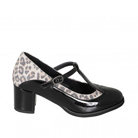 Woman's pump in black patent leather and spotted suede with a T-strap heel 6 - Available sizes:  34, 35, 42, 43, 44, 45, 46