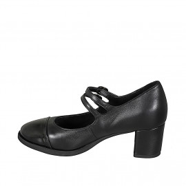 Woman's Mary Jane pump in black leather with black patent leather toe cap and straps heel 6 - Available sizes:  32, 33, 34, 35, 42, 43, 44, 45, 46 2