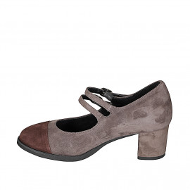 Woman's Mary Jane pump with straps in taupe suede and dark brown suede toe cap heel 6 - Available sizes:  32, 33, 34, 42, 43, 44, 45, 46 2