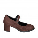 Woman's Mary Jane pump with a strap in dark brown suede heel 6 - Available sizes:  32, 33, 34, 43, 44