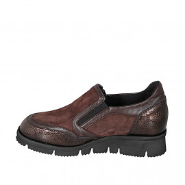 Woman's ankle shoe in suede, printed patent leather and dark brown leather, zippers, removable insole wedge 4 - Available sizes:  32, 33, 34, 42, 43, 44, 45, 46 2