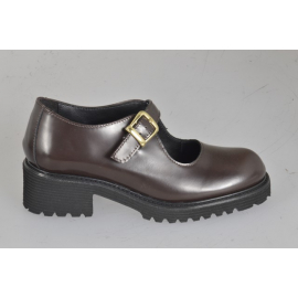 Woman's Mary Jane shoes in dark brown brushed leather heel 5 - Available sizes:  32, 33, 34, 42, 43, 44, 45, 46