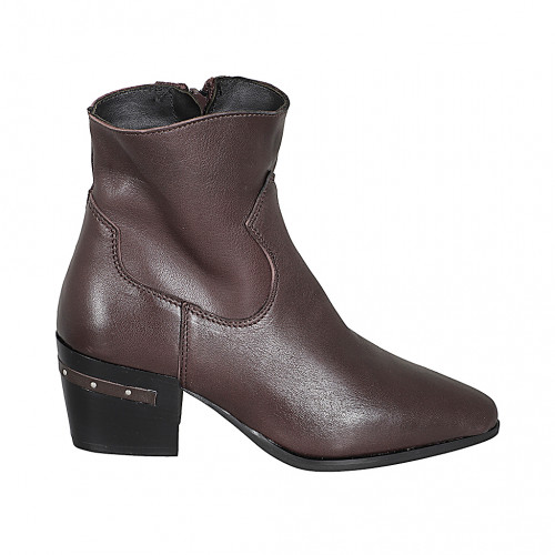 Stivaletto texano da donna in pelle testa di moro con inserto in pelle sul tacco e cerniera tacco 6 - Misure disponibili: 33, 34, 42, 43, 44, 45