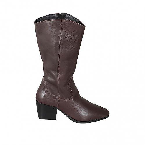 Botas texanas de mujer en piel marrón oscuro con cremallera y tacón 6 - Tallas disponibles:  32, 33, 34, 35, 42, 43, 44, 45, 46