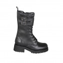 Botas militares para mujer en piel negra con hebillas, cordones, cremallera y tacón 5 - Tallas disponibles:  32, 33, 34, 42, 43, 44, 45, 46