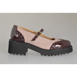 Escarpins Mary Jane pour femmes avec empiècement façon bout fleuri en cuir verni bordeaux et cuir rose talon 5 - Pointures disponibles:  33, 34, 42, 43, 44, 45, 46