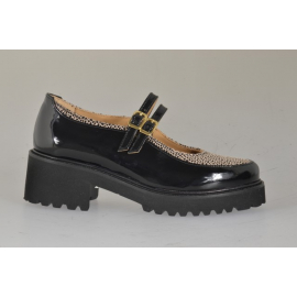 Woman’s Mary Jane pumps in black patent leather and beige suede with straps and animal print heel 5 - Available sizes:  33, 34, 42, 43, 44, 45, 46
