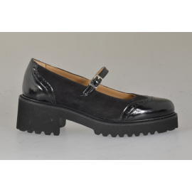 Escarpins Mary Jane pour femmes avec empiècement façon bout fleuri en cuir verni noir et daim noir talon 5 - Pointures disponibles:  33, 34, 42, 43, 44, 45, 46