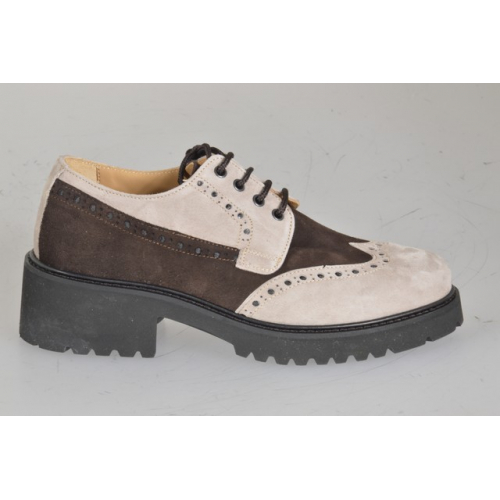 Stringata Derby da donna con coda di rondine in camoscio testa di moro e beige tacco 4 - Misure disponibili: 32, 33, 42, 43, 44, 45, 46