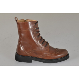 Bottines à lacets pour femmes en cuir cognac avec fermeture zippée, empiècement façon bout fleuri et talon 3 - Pointures disponibles:  32, 33, 34, 35, 42, 43, 44, 45, 46