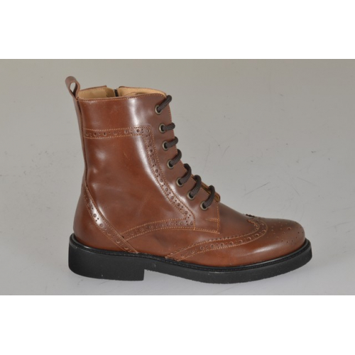 Woman’s cognac leather lace-up ankle boots with zip, wingtip detailing and heel 3 - Available sizes:  32, 33, 34, 35, 42, 43, 44, 45, 46