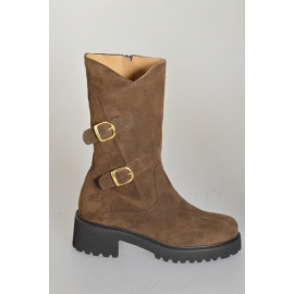 Bottes trois-quarts pour femmes en daim marron avec boucles, fermeture zippée et talon 5 - Pointures disponibles:  32, 33, 34, 42, 43, 44, 45, 46