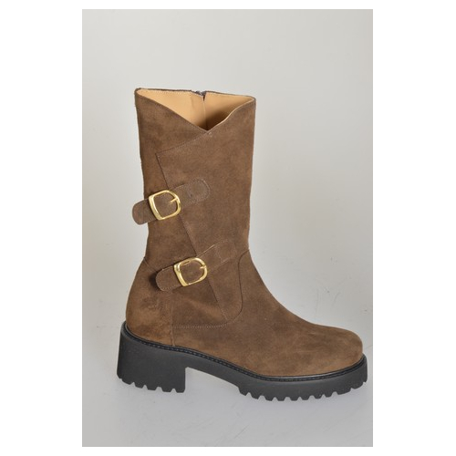 Woman’s three-quarter length brown suede boots with buckles, zip and heel 5 - Available sizes:  32, 33, 34, 42, 43, 44, 45, 46