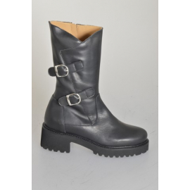Stivale tre quarti da donna in pelle nera con fibbie e cerniera tacco 5 - Misure disponibili: 32, 33, 34, 42, 43, 44, 45, 46